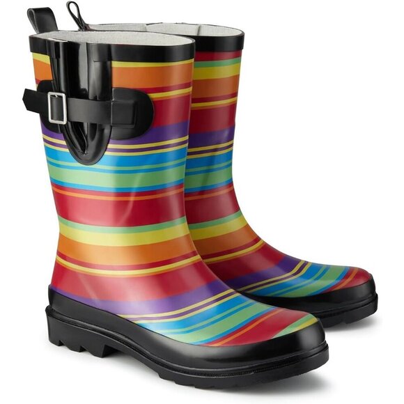 Shoes - Women's Fashionable Waterproof Garden Mud Rubber Rain Rainbow Stripe Boots